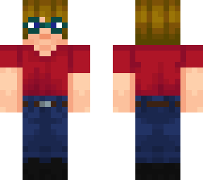 boy with red shirt, blue jeans, black shoes, blond hair, and teal glasses (flat)