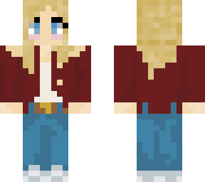 blonde girl red jacket and jeans
