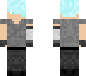 cybernetic boy w/ cyan hair, cyan eyes, grey shirt, dark grey pants