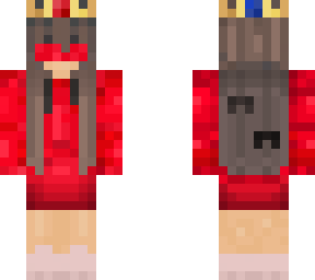 red girl with a blind fold and a crown with a skirt