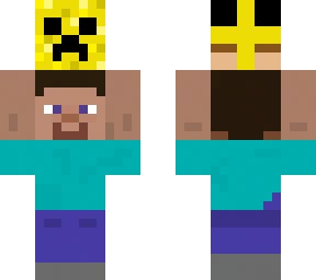 steve holding a me with a yellow creeper mask