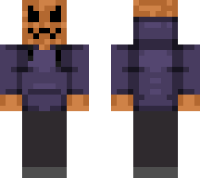 pumpkin man in a grey/purple-ish hoddie