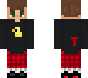 boyfriend with brown hair, red pj pants, vans shoes, and a black jumper