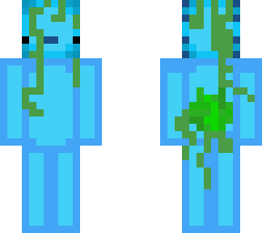 blue axolotl with seaweed dripping down and lillypads on his head and back