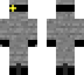 stone guy with blind fold and gloves with yellow eye showing