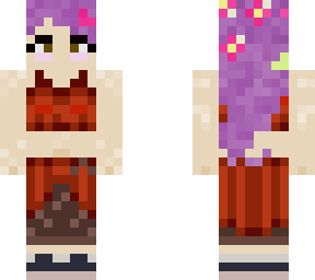 adventure skin. red dress, purple hair.