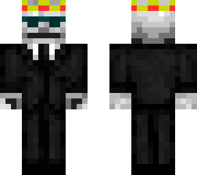 white skeleton in a suit w/ crown + shades