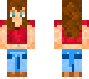 girl curly hair red shirt blue jeans