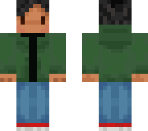 green hoodie & red sneakers,