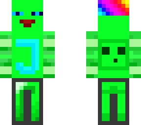 happy green skin bamboo arms emerald armor legs rainbow hair slime on back blue j on front