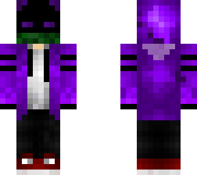 create a minecraft skin withpurple hair white fox mask green bamboo mouthpiece purple hood