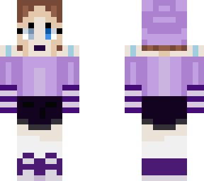 girl with brown hair w purple a blue  outfit w shorts