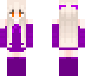 blonde girl with purple clothing and orange eyes